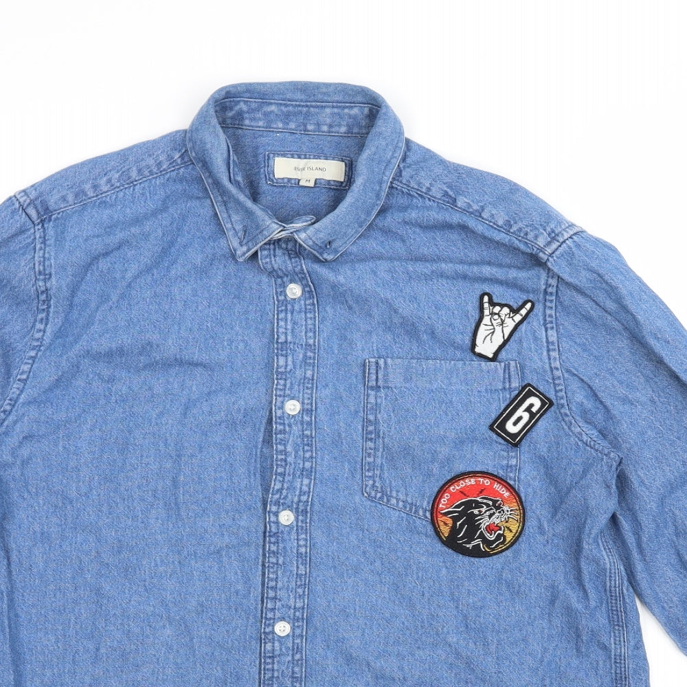 River Island Mens Blue  Denim  Button-Up Size M  - Badged