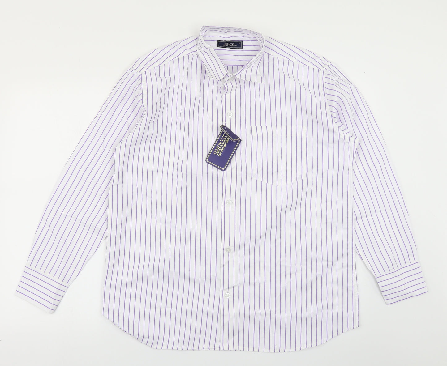 Identiti Mens White Striped   Dress Shirt Size L