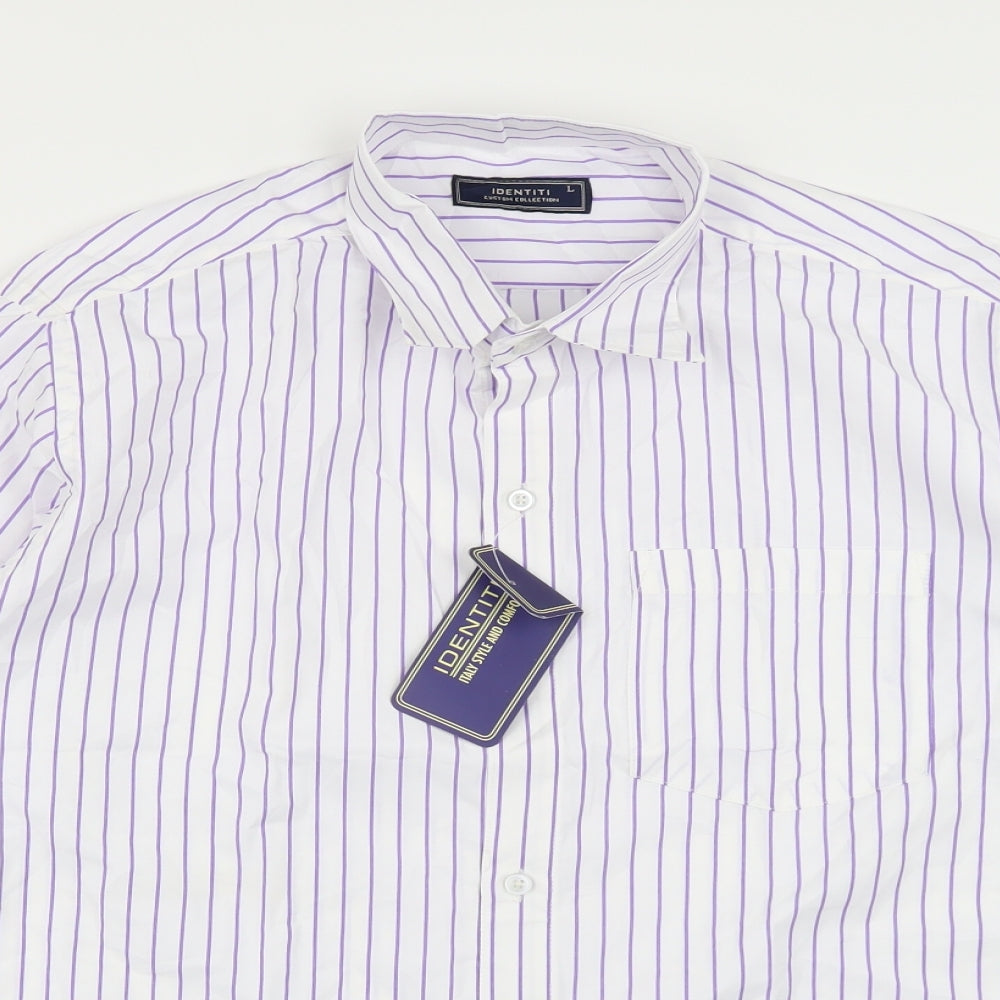 Identiti Mens White Striped   Dress Shirt Size L