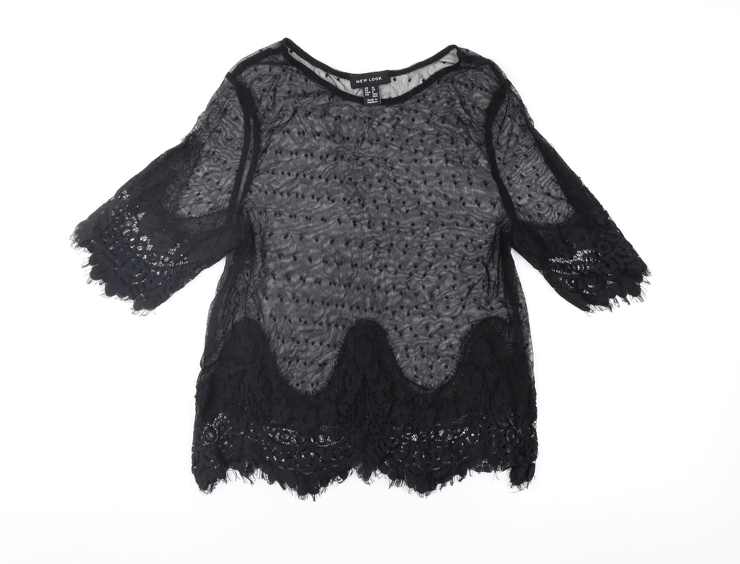 New Look Womens Black Polka Dot Lace Basic Blouse Size 8