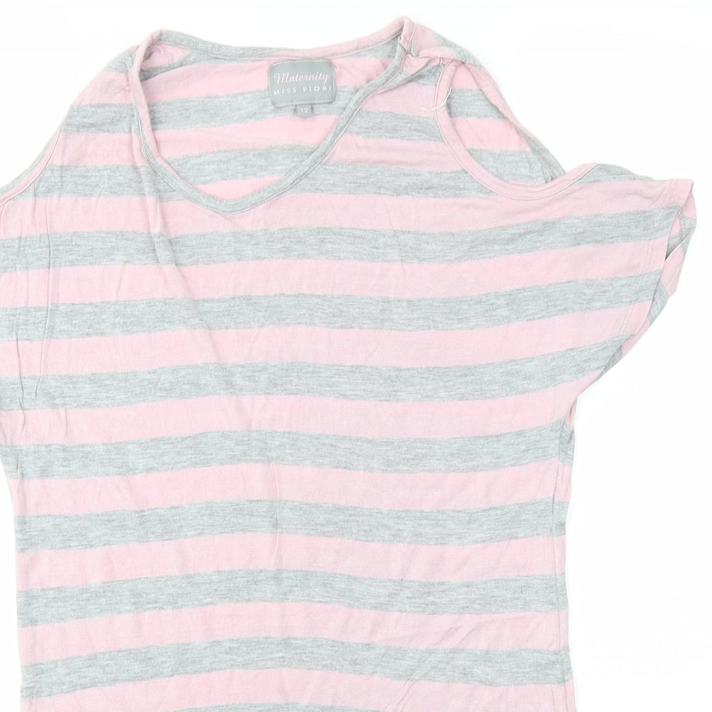 Miss Flori Womens Pink Striped  Basic T-Shirt Size 12