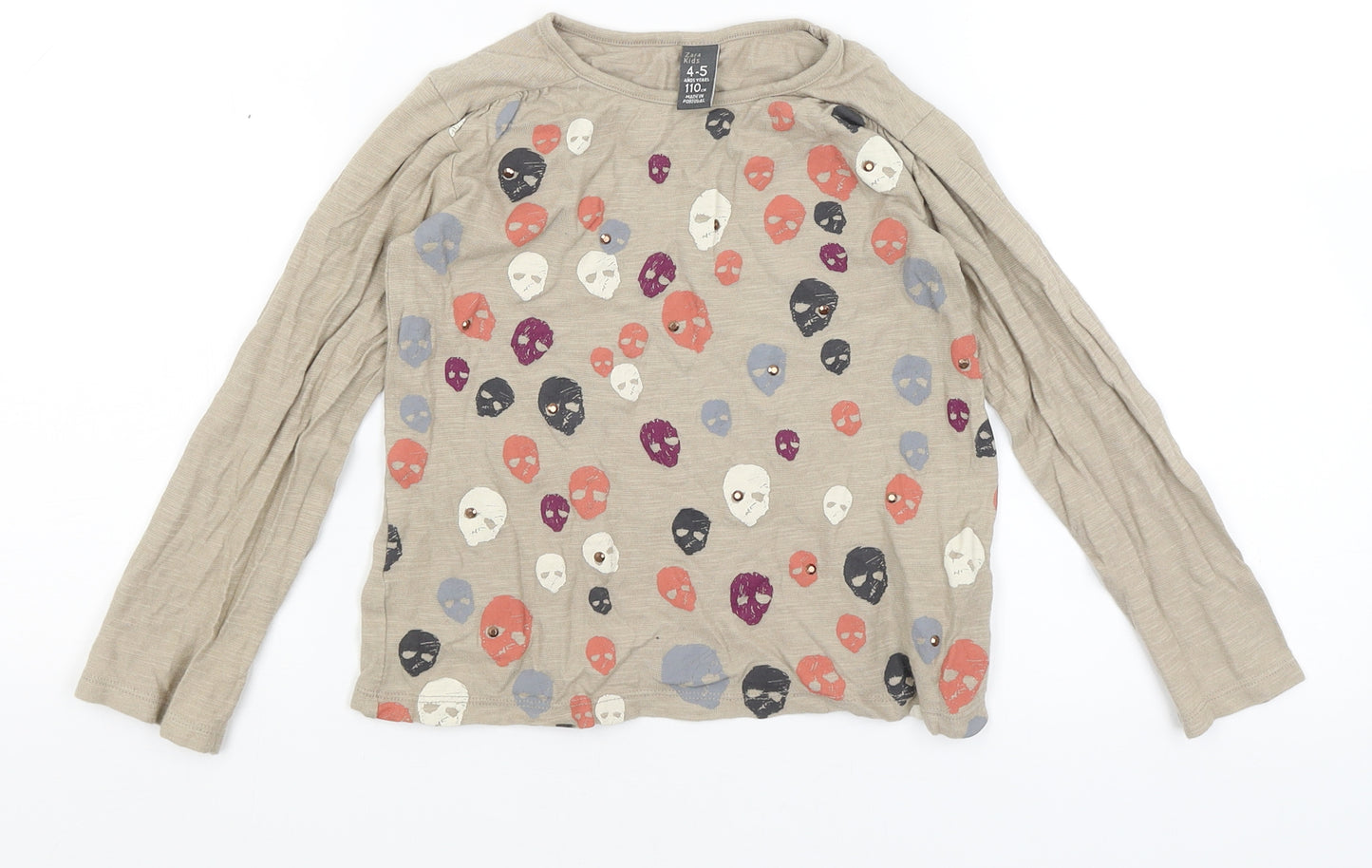 Zara Kids Girls Beige   Basic T-Shirt Size 4-5 Years  - Skulls