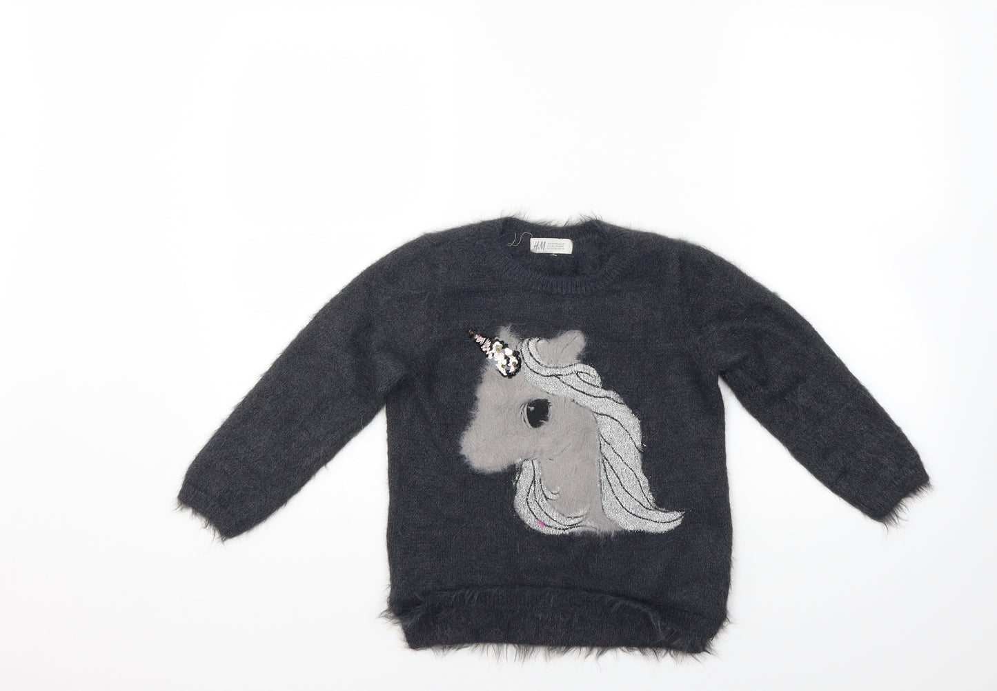 H&M Girls Grey  Lace Pullover Jumper Size 7-8 Years  - Unicorns