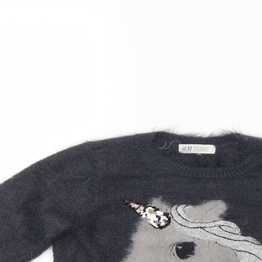 H&M Girls Grey  Lace Pullover Jumper Size 7-8 Years  - Unicorns