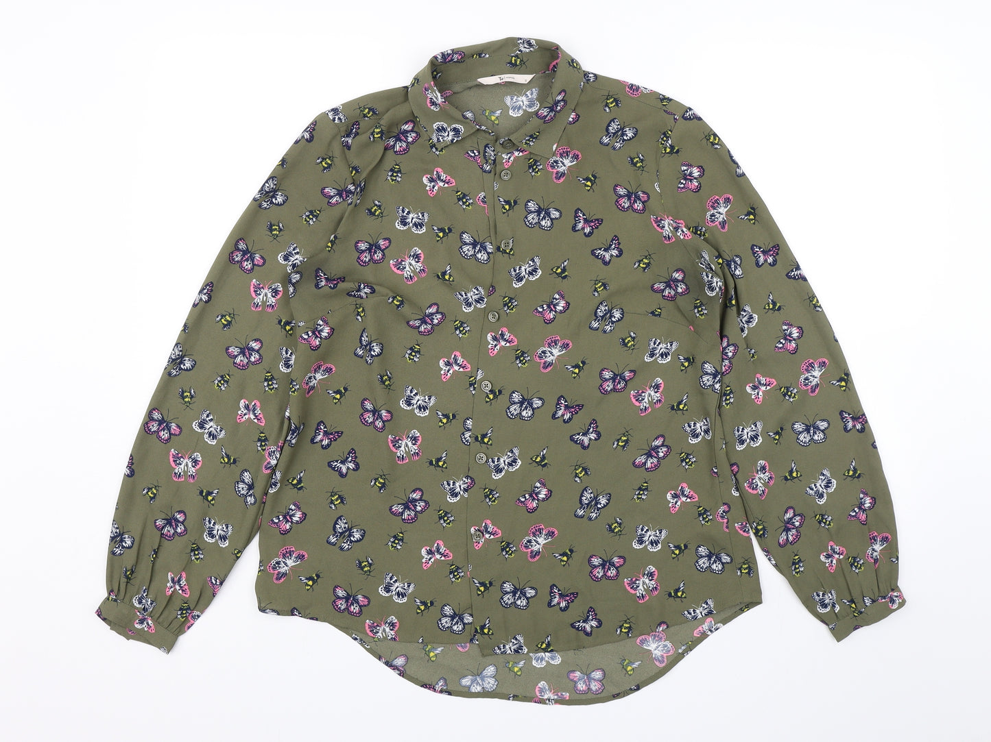 TU Womens Green   Basic Button-Up Size 12  - Butterflies