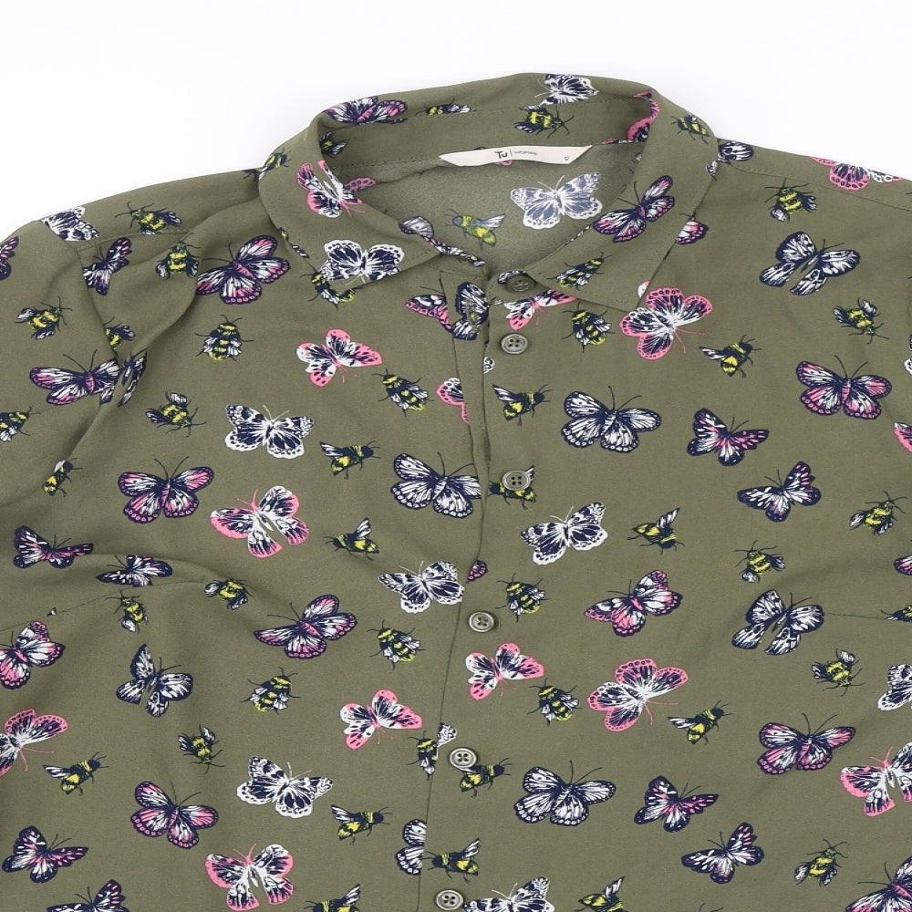 TU Womens Green   Basic Button-Up Size 12  - Butterflies