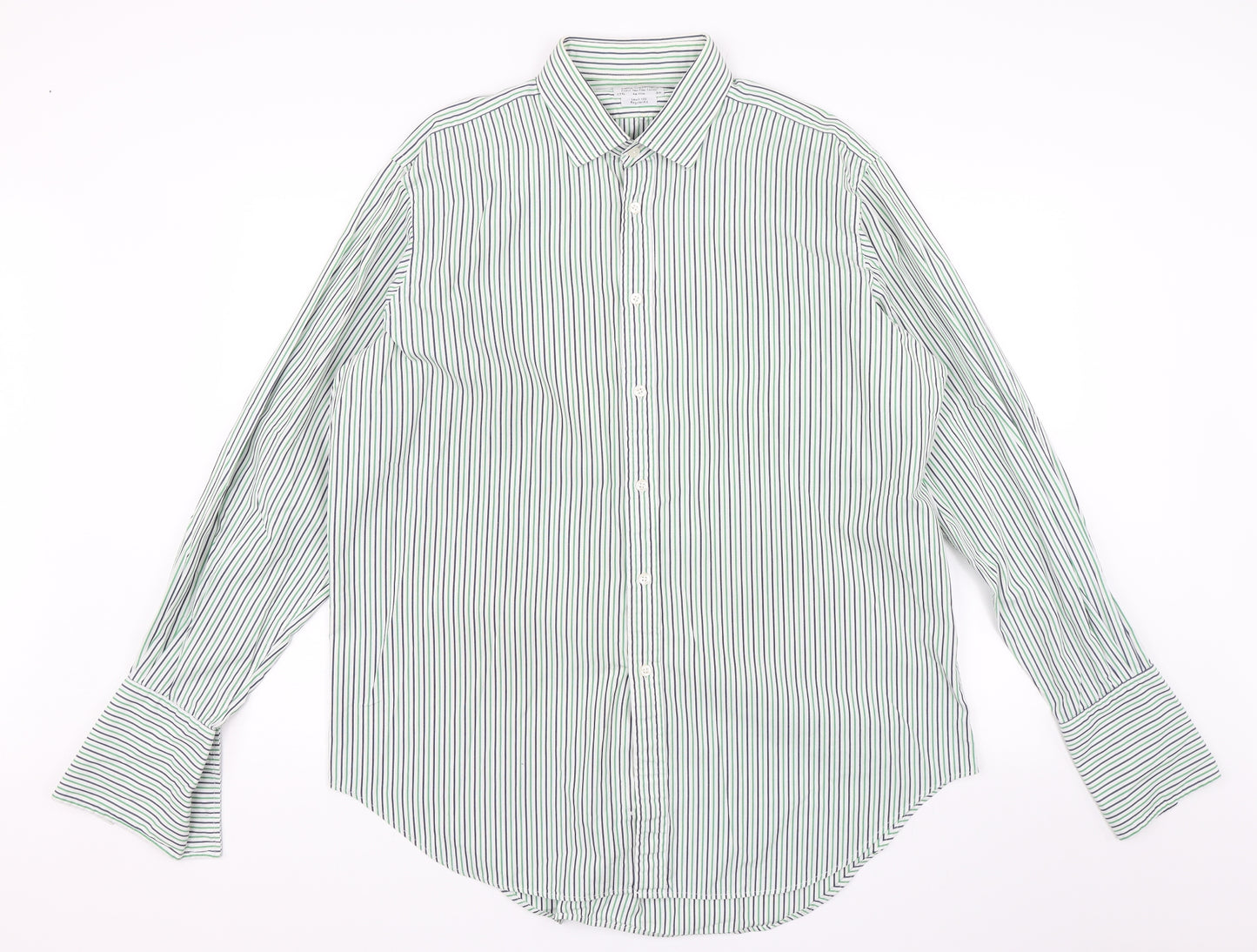 T.M Jewin Mens Green Striped   Dress Shirt Size 17.5