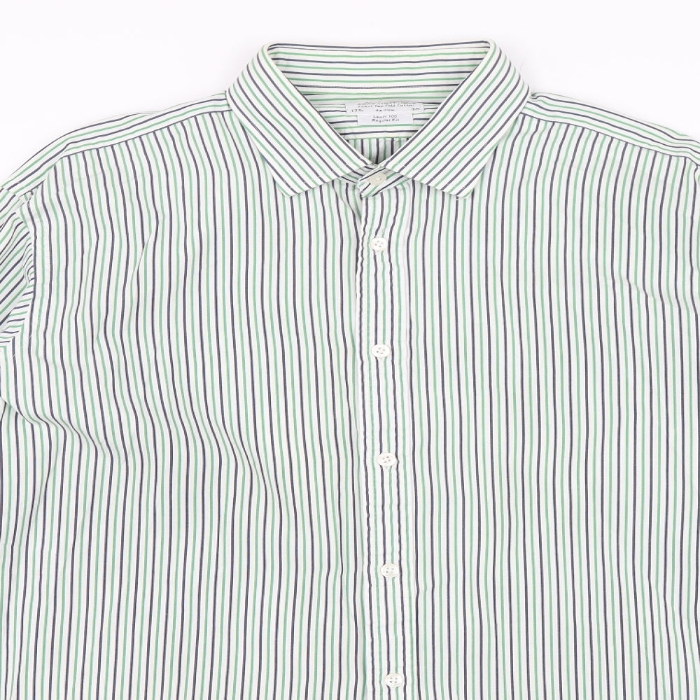 T.M Jewin Mens Green Striped   Dress Shirt Size 17.5