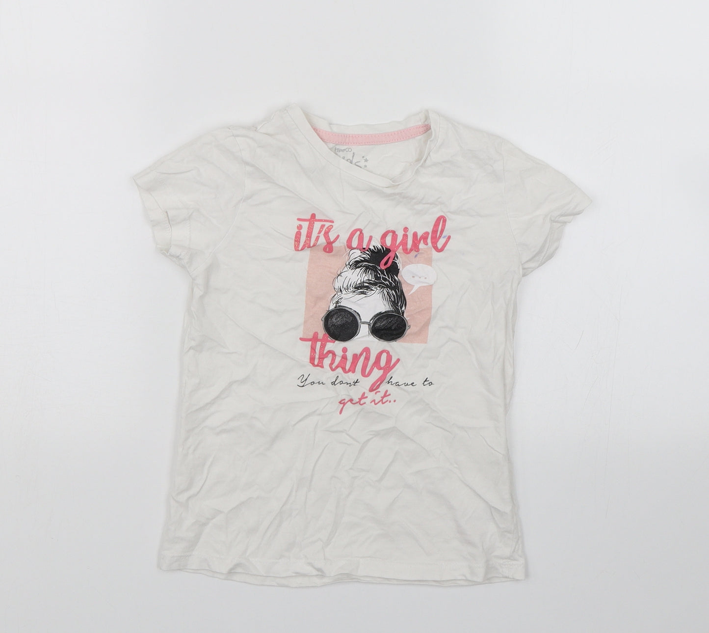 Pep&Co Girls White   Basic T-Shirt Size 7-8 Years  - Its a girl thing