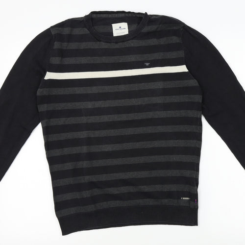 TOM TAILOR Mens Black Striped  Pullover Jumper Size M