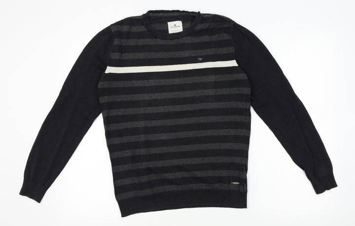 TOM TAILOR Mens Black Striped Pullover Jumper Size M