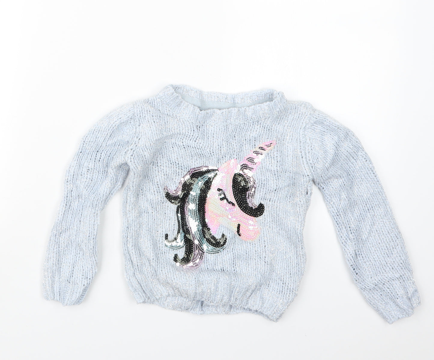 Primark Girls Blue  Knit Pullover Jumper Size 3-4 Years  - Unicorn