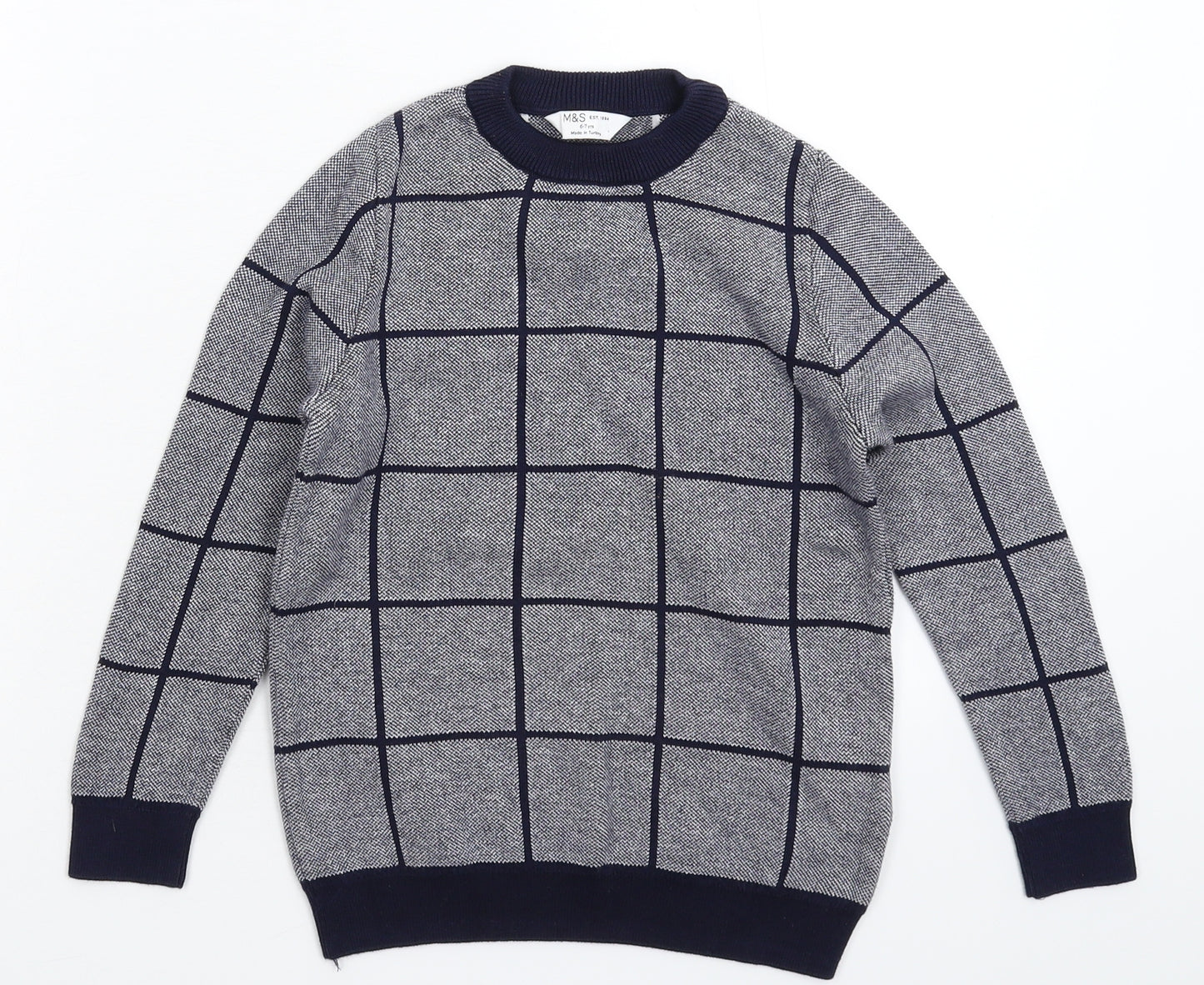 Marks and Spencer Boys Blue Check Knit Pullover Jumper Size 6-7 Years