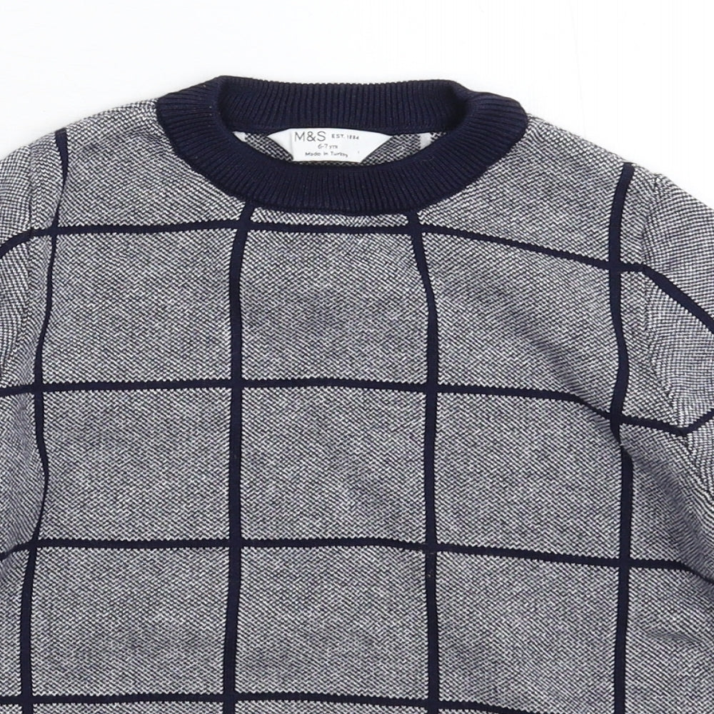 Marks and Spencer Boys Blue Check Knit Pullover Jumper Size 6-7 Years