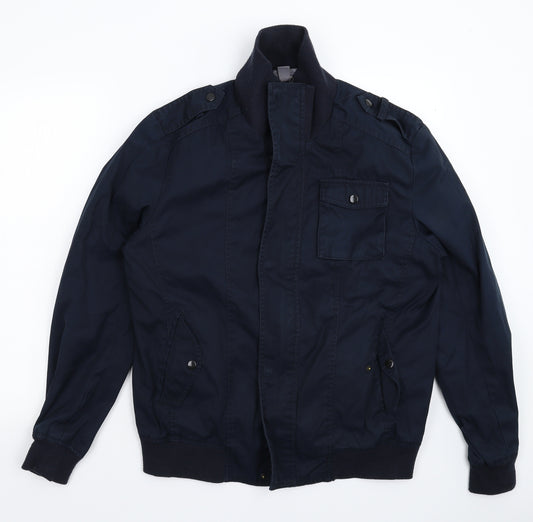 Front view of H&M men’s blue jacket, size 44