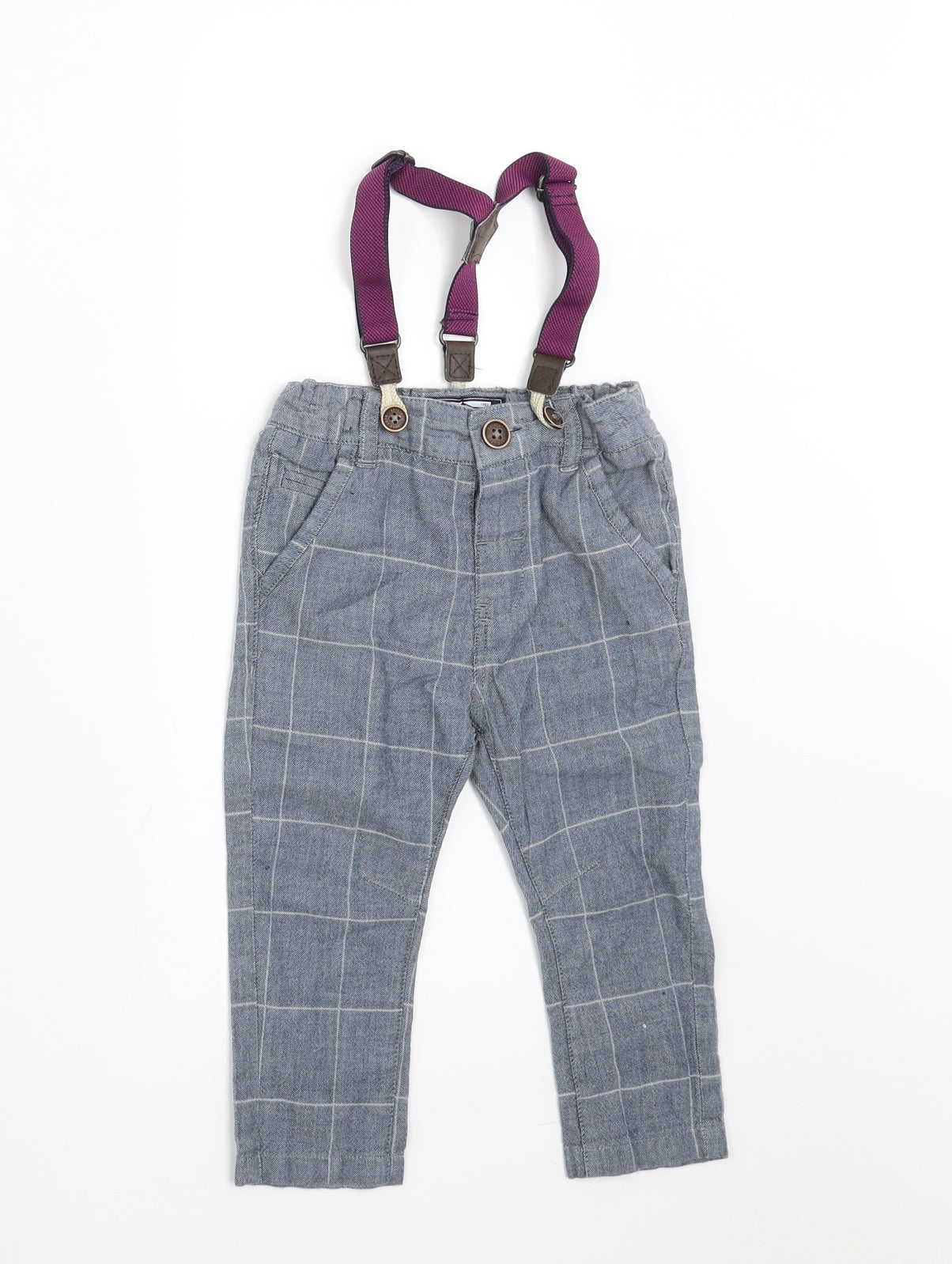 NEXT Boys Blue Check   Trousers Size 9-12 Months  - with braces