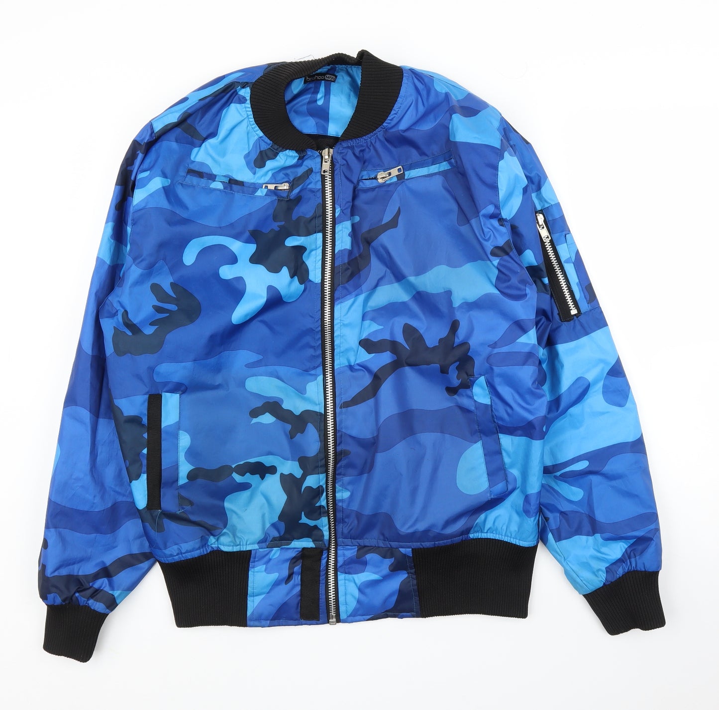 Boohoo Mens Blue Camouflage  Bomber Jacket Coat Size L