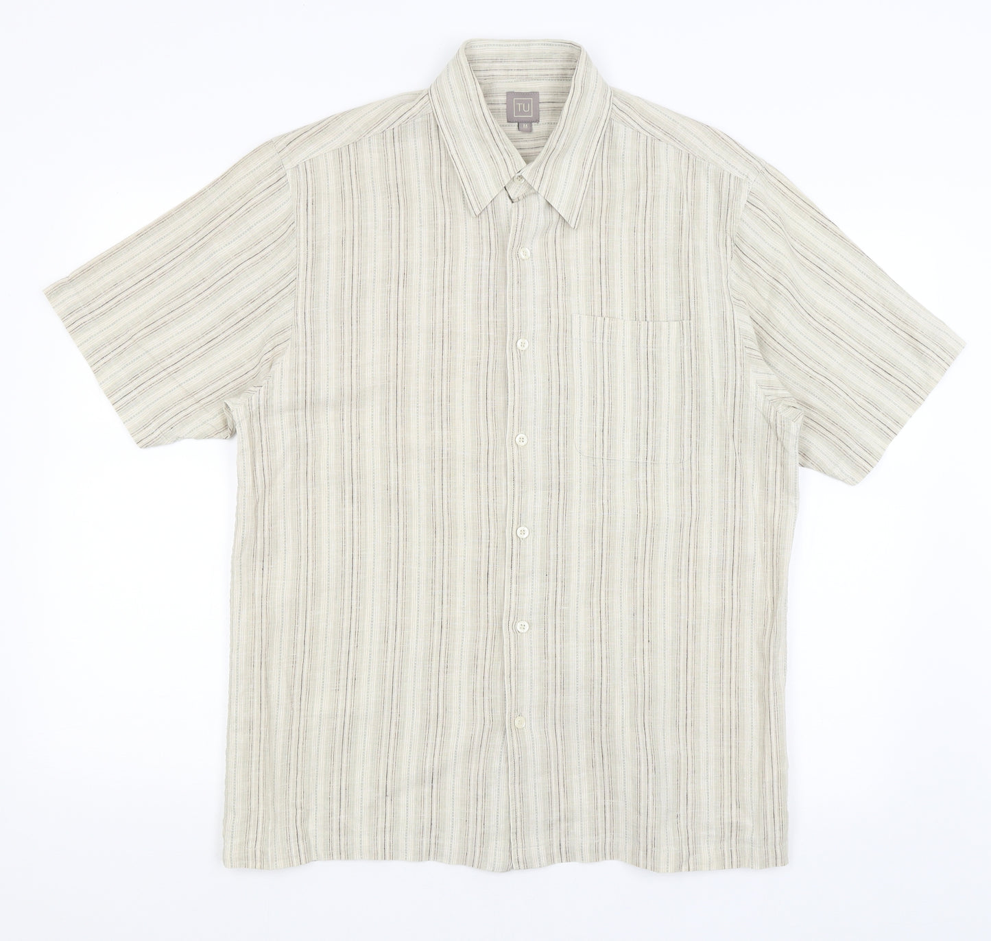 TU Mens Beige Striped   Button-Up Size M