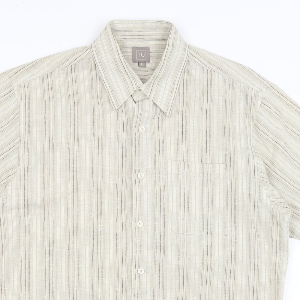 TU Mens Beige Striped   Button-Up Size M