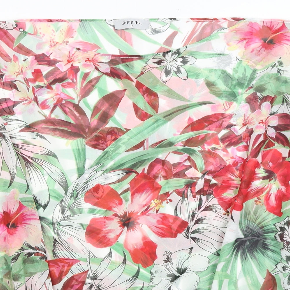 Soon Womens White Floral  Basic T-Shirt Size 16