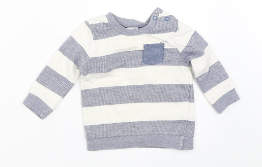Front view of F&F boys’ blue striped jumper, size 3-6, months