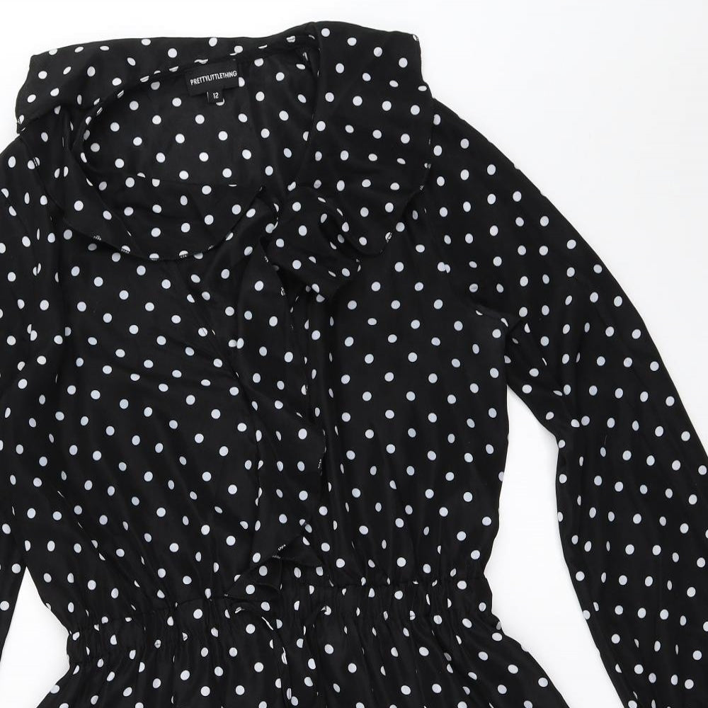 PRETTYLITTLETHING Womens Black Polka Dot  Fit & Flare  Size 12