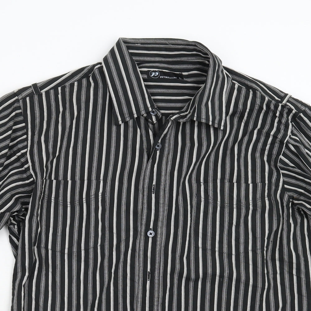 Petroleum Mens Black Striped   Button-Up Size L