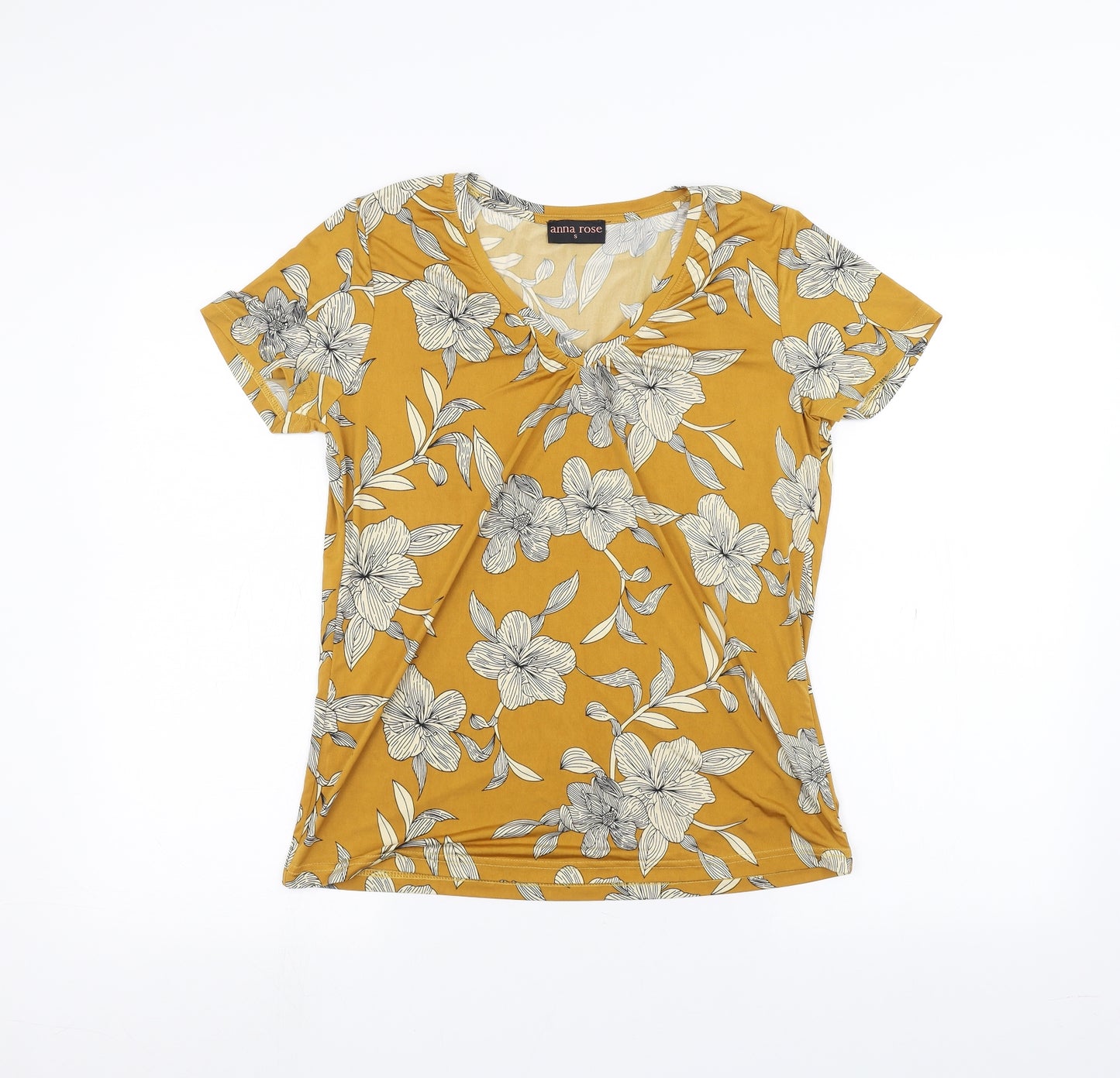 Anna Rose Womens Yellow Floral  Basic T-Shirt Size S