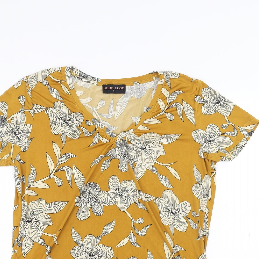 Anna Rose Womens Yellow Floral  Basic T-Shirt Size S