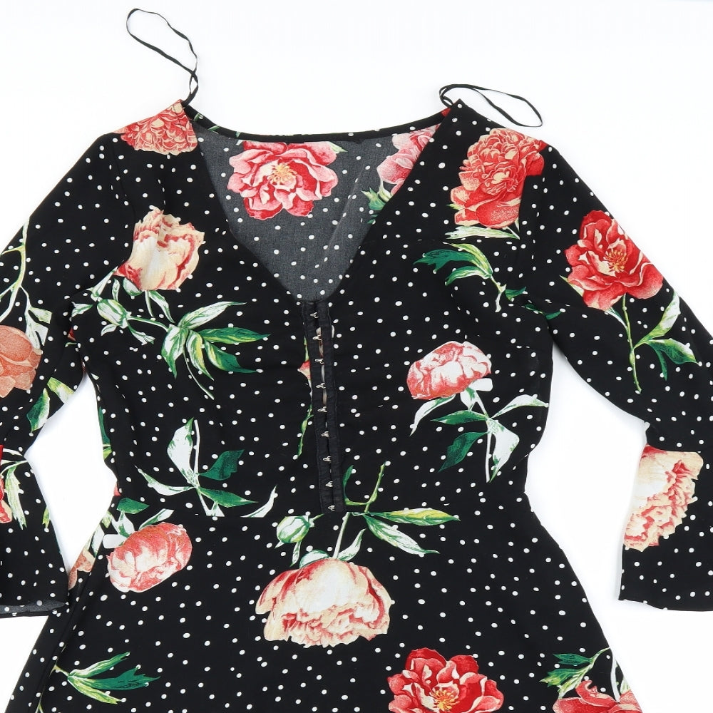 Preworn Womens Black Floral  A-Line  Size 8