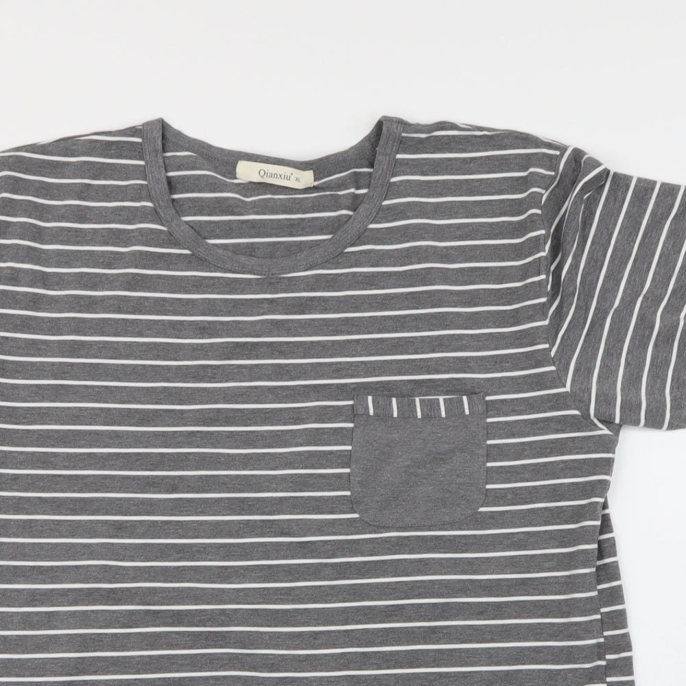 qianxiu Womens Grey Striped  Basic T-Shirt Size XL