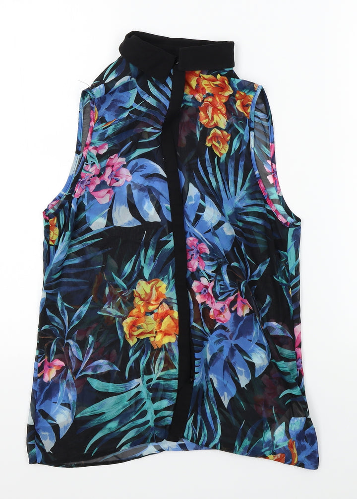 New Look Womens Blue Floral Basic Button-Up Size 8