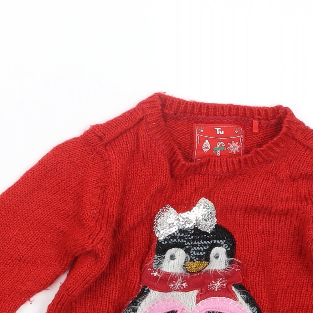 TU Girls Red  Knit Pullover Jumper Size 4 Years  - Christmas