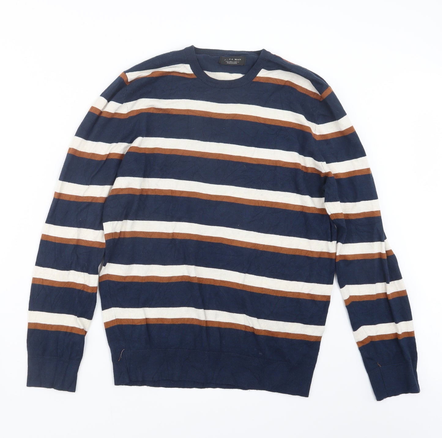 Zara Mens Blue Striped Knit Pullover Jumper Size L