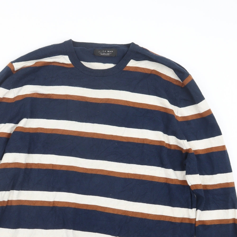 Zara Mens Blue Striped Knit Pullover Jumper Size L