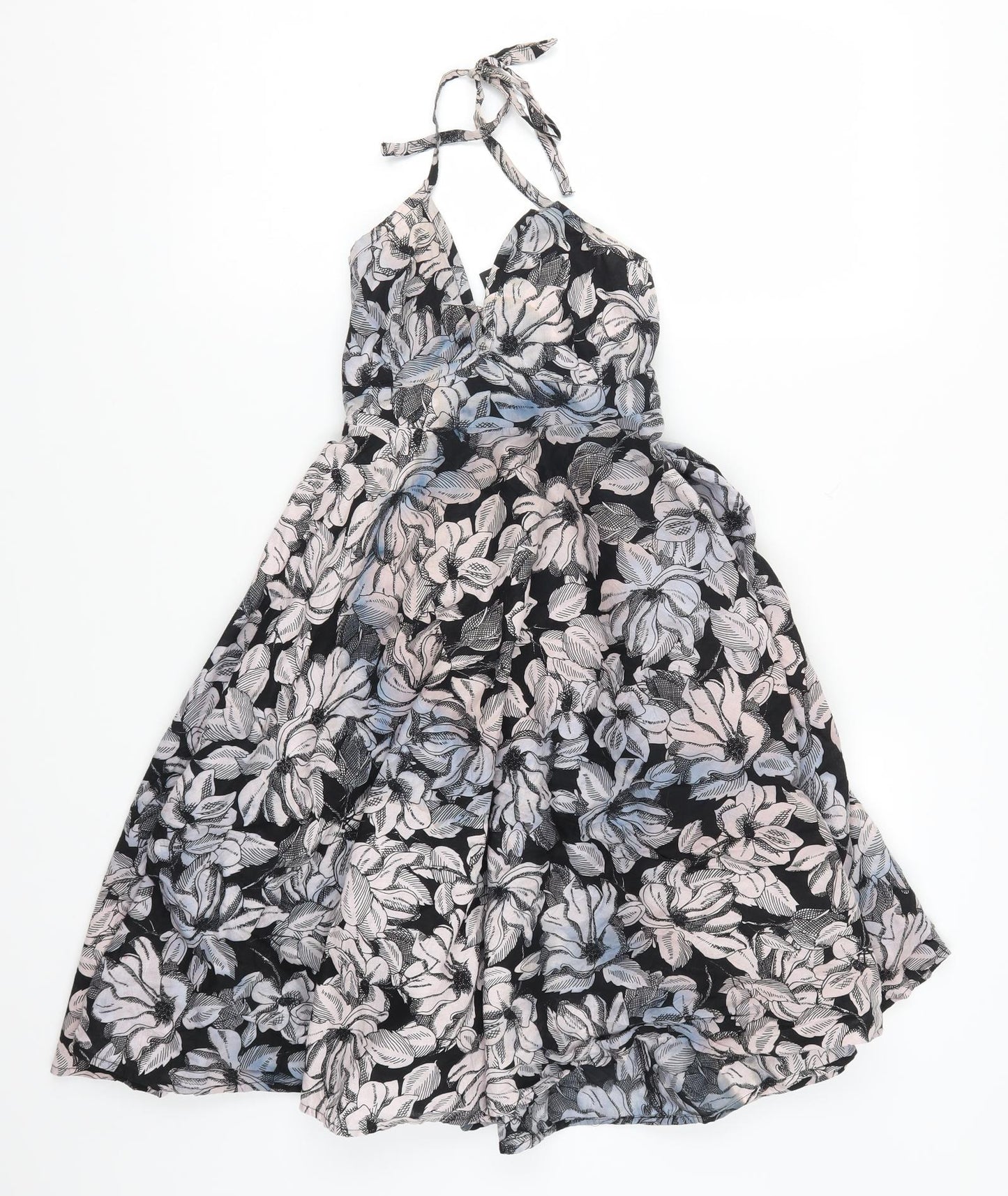 H&M Womens Black Floral  Skater Dress  Size 8  - Blue