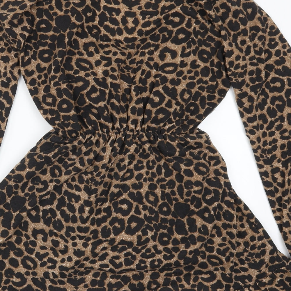 PRETTYLITTLETHING Womens Brown Animal Print  Skater Dress  Size 8