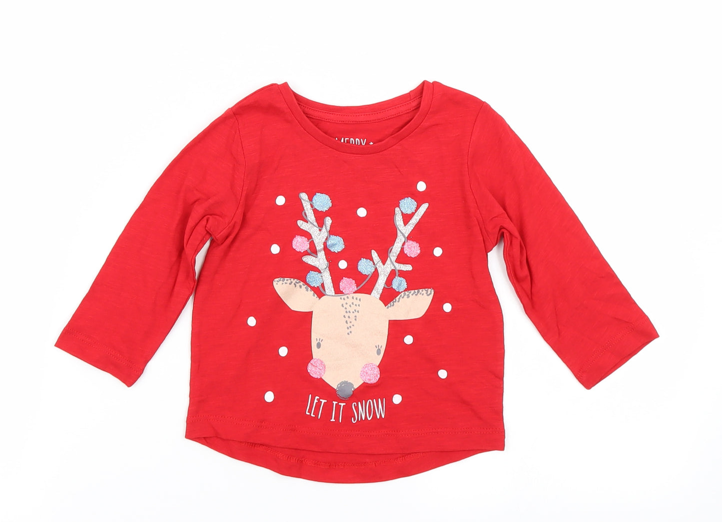 Matalan Girls Red   Basic T-Shirt Size 9-12 Months  - Christmas Reindeer