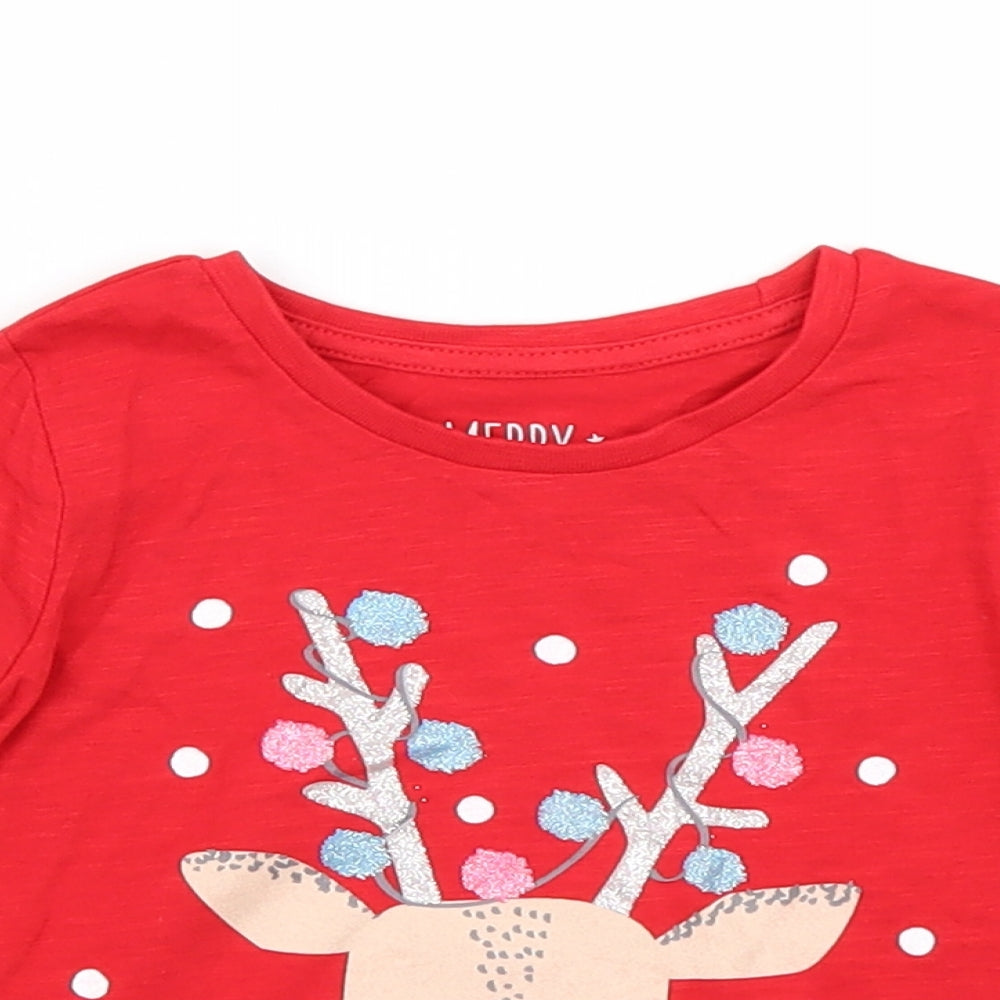 Matalan Girls Red   Basic T-Shirt Size 9-12 Months  - Christmas Reindeer