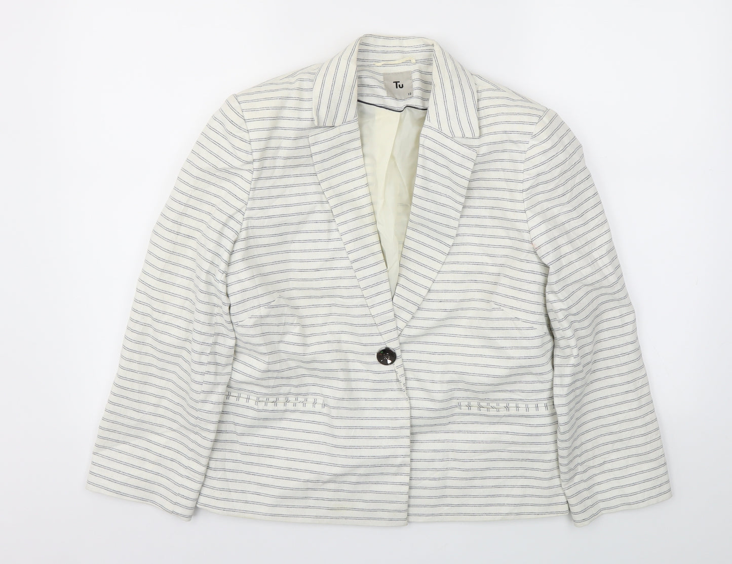 TU Womens White Striped  Jacket Blazer Size 12