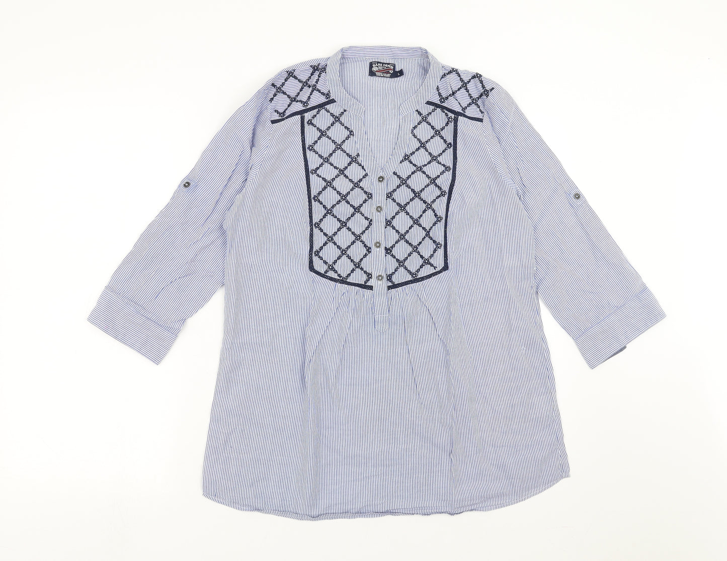 Bare Denim Womens Blue Striped  Basic Blouse Size L  - Embroidered detail