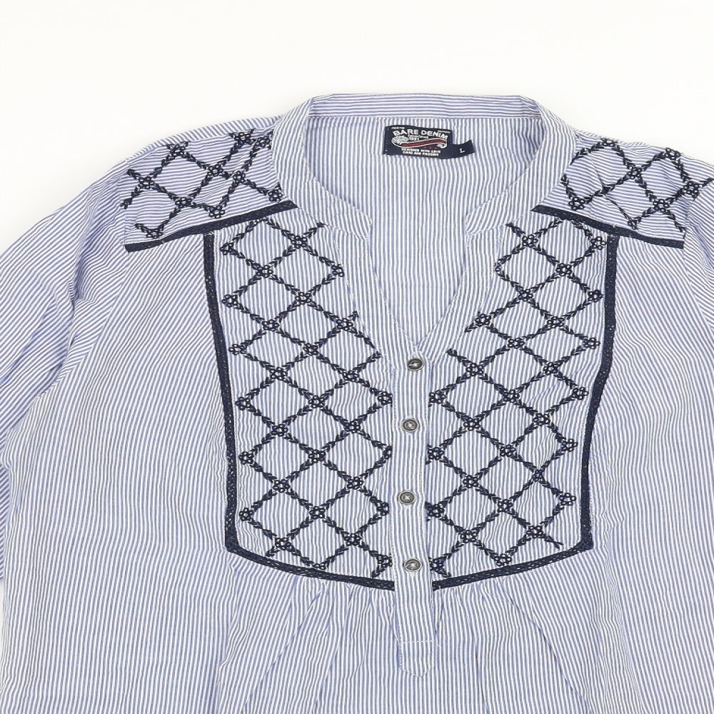 Bare Denim Womens Blue Striped  Basic Blouse Size L  - Embroidered detail