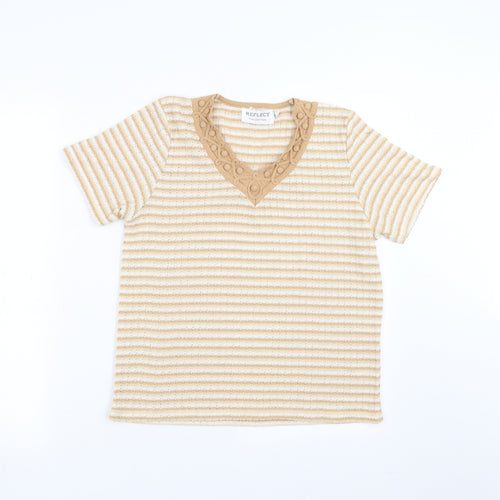 Reflect Collection Womens Beige Striped  Basic T-Shirt Size S