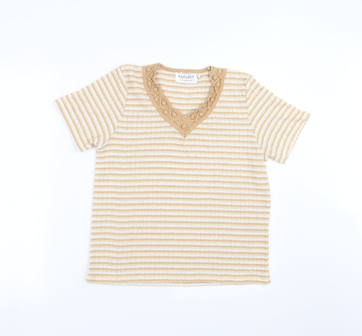 Reflect Collection Womens Beige Striped Basic T-Shirt Size S