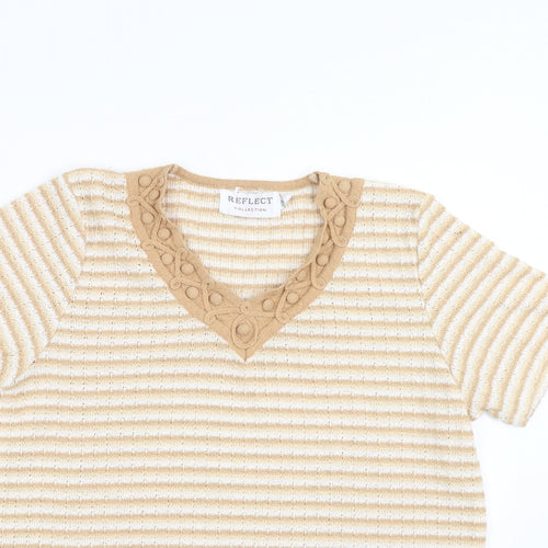Reflect Collection Womens Beige Striped  Basic T-Shirt Size S