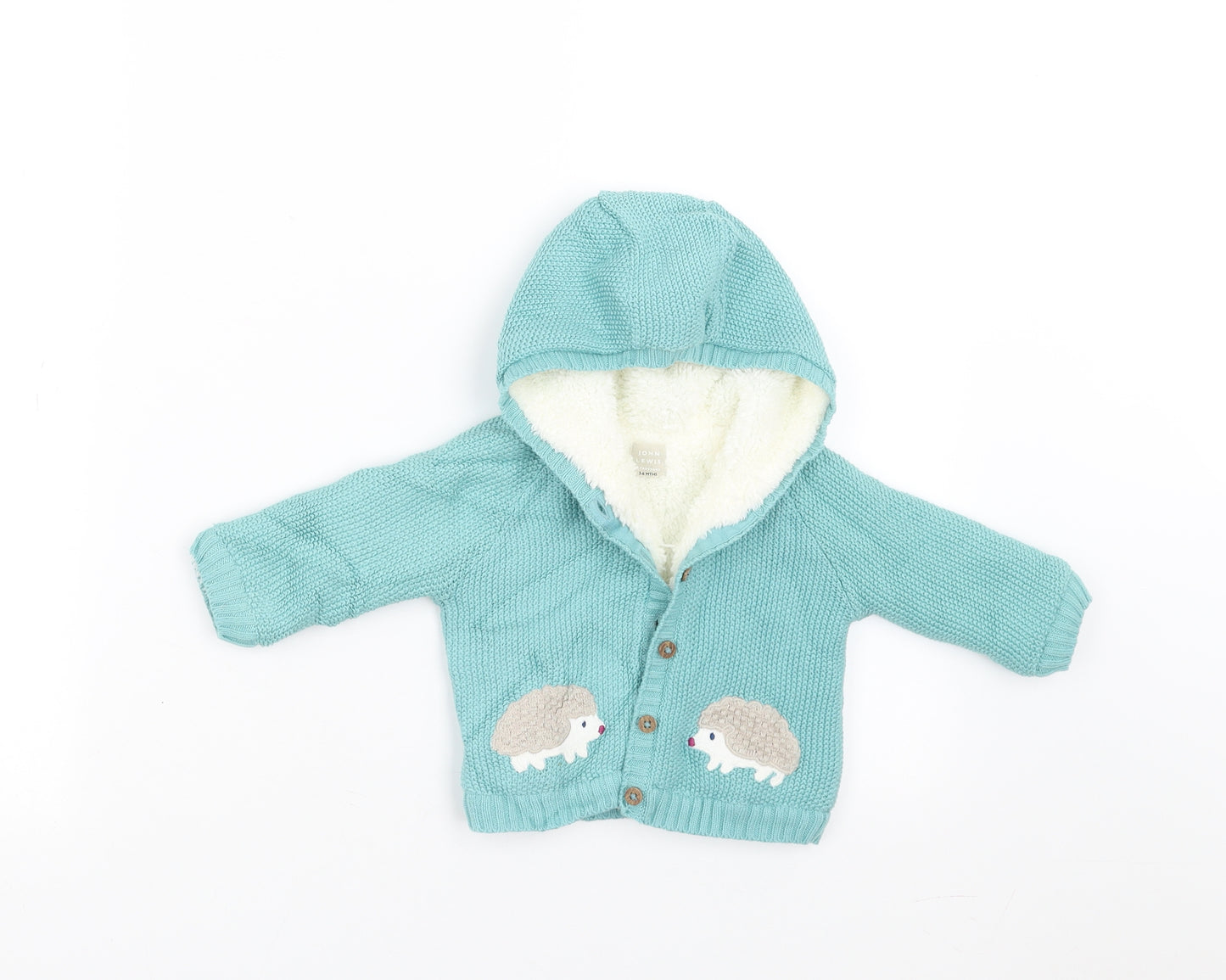 John Lewis Baby Green   Cardigan Jumper Size 3-6 Months  - hooded fleece lined
