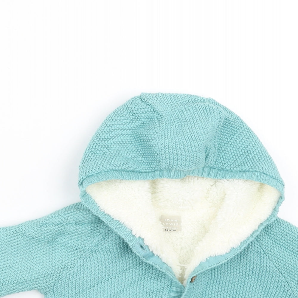 John Lewis Baby Green   Cardigan Jumper Size 3-6 Months  - hooded fleece lined