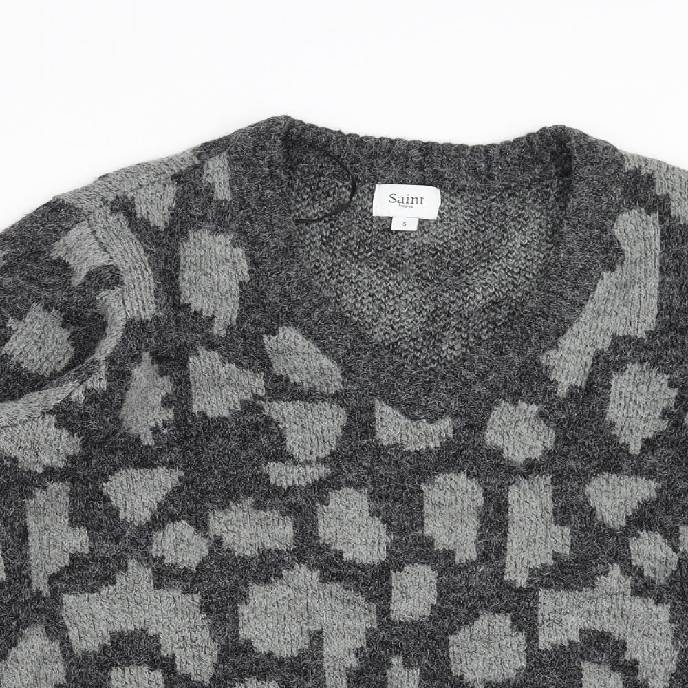 Saint Tropez Womens Grey Geometric Knit Pullover Jumper Size S