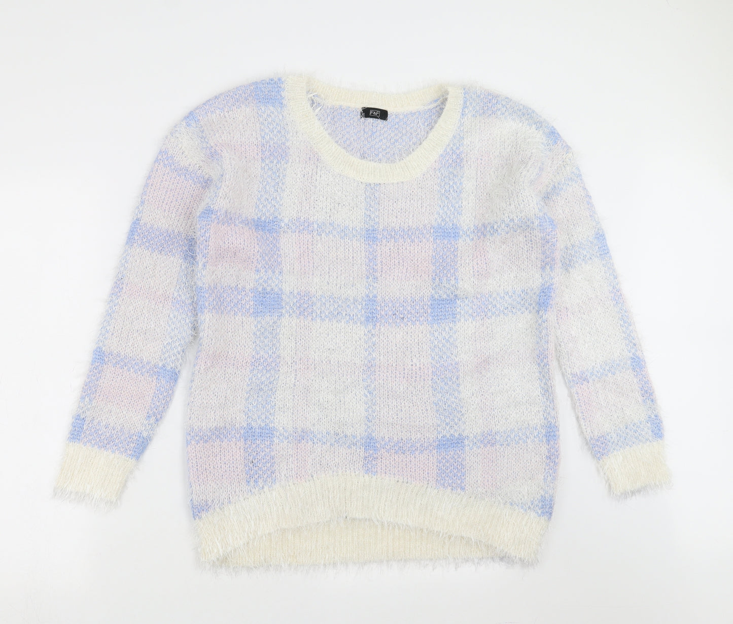 F&F Womens Blue Check Knit Pullover Jumper Size 12  - fluffy