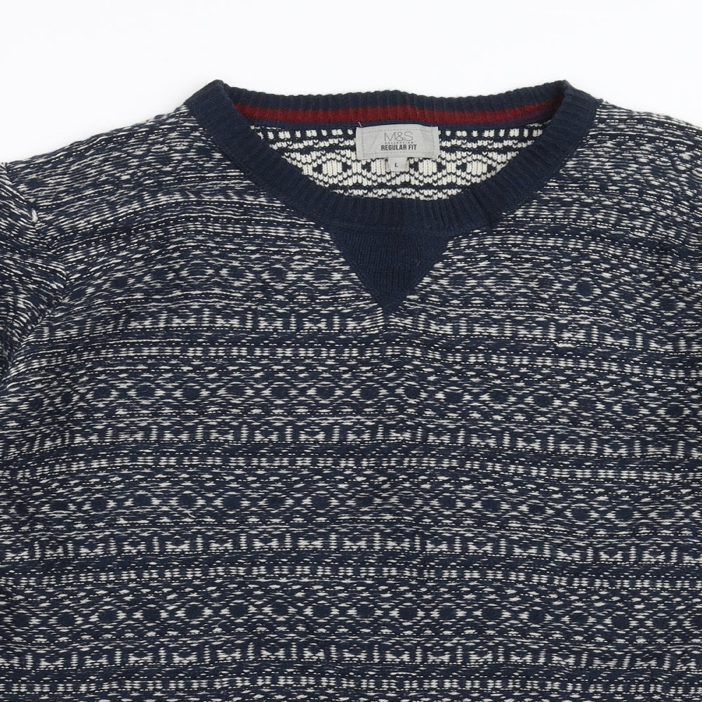 Marks and Spencer Mens Blue Geometric Knit Pullover Jumper Size L